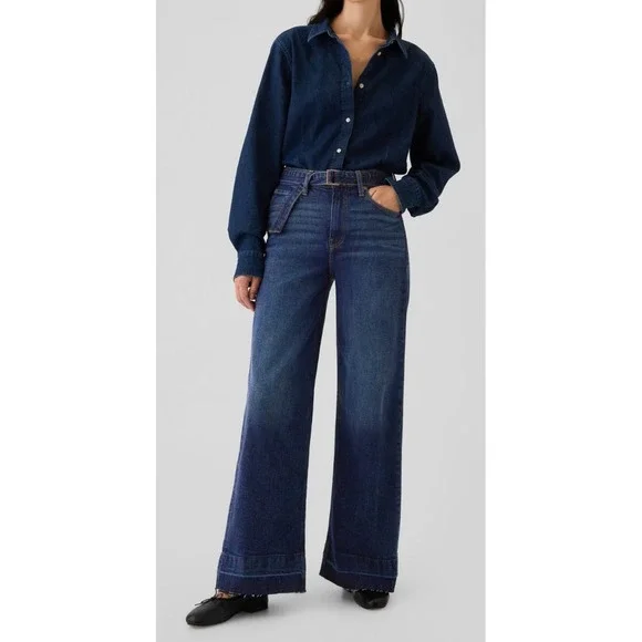 NWT GAP High Rise Stride Belted Wide Leg Jeans Raw Hem Dark Wash Plus Size 34 18 - Picture 11 of 11